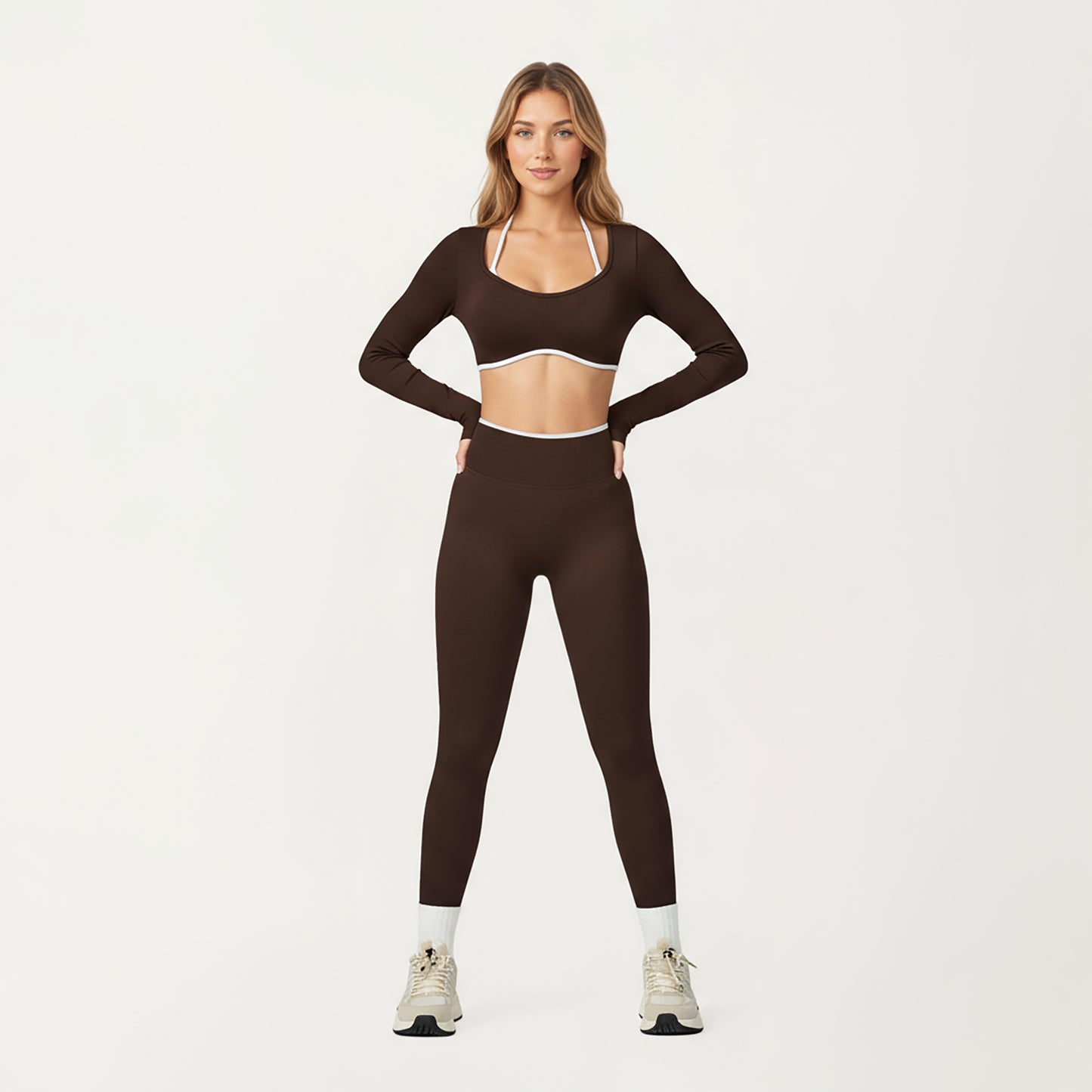 Anna-Kaci Active Women's Long Sleeve Crop Top with Contrast Trim and Scoop Neckline