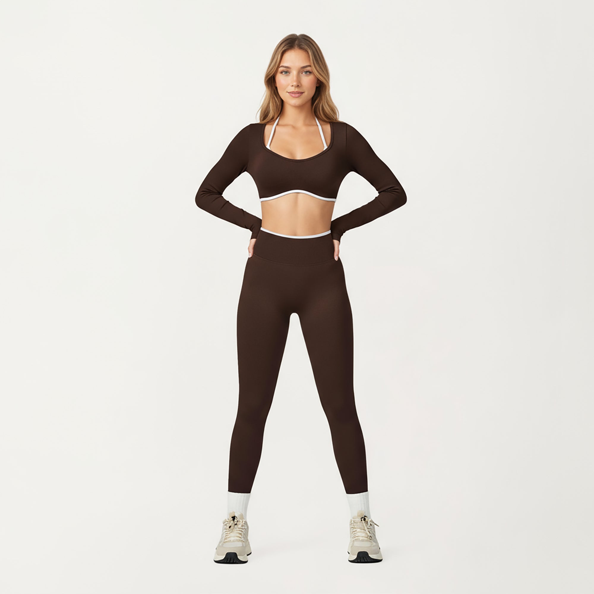 Anna-Kaci Active Women's Long Sleeve Crop Top with Contrast Trim and Scoop Neckline