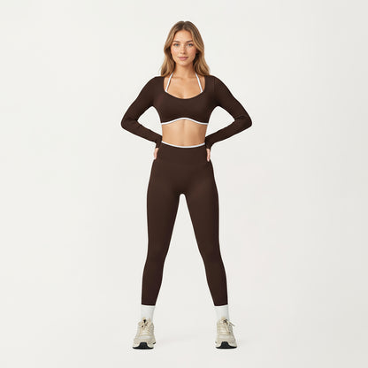 Anna-Kaci Active Women's Long Sleeve Crop Top with Contrast Trim and Scoop Neckline