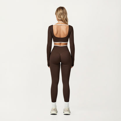 Anna-Kaci Active Women's Long Sleeve Crop Top with Contrast Trim and Scoop Neckline