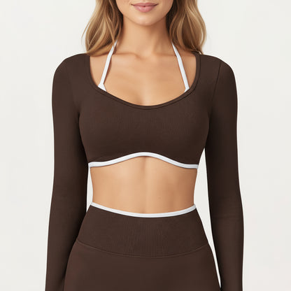 Anna-Kaci Active Women's Long Sleeve Crop Top with Contrast Trim and Scoop Neckline