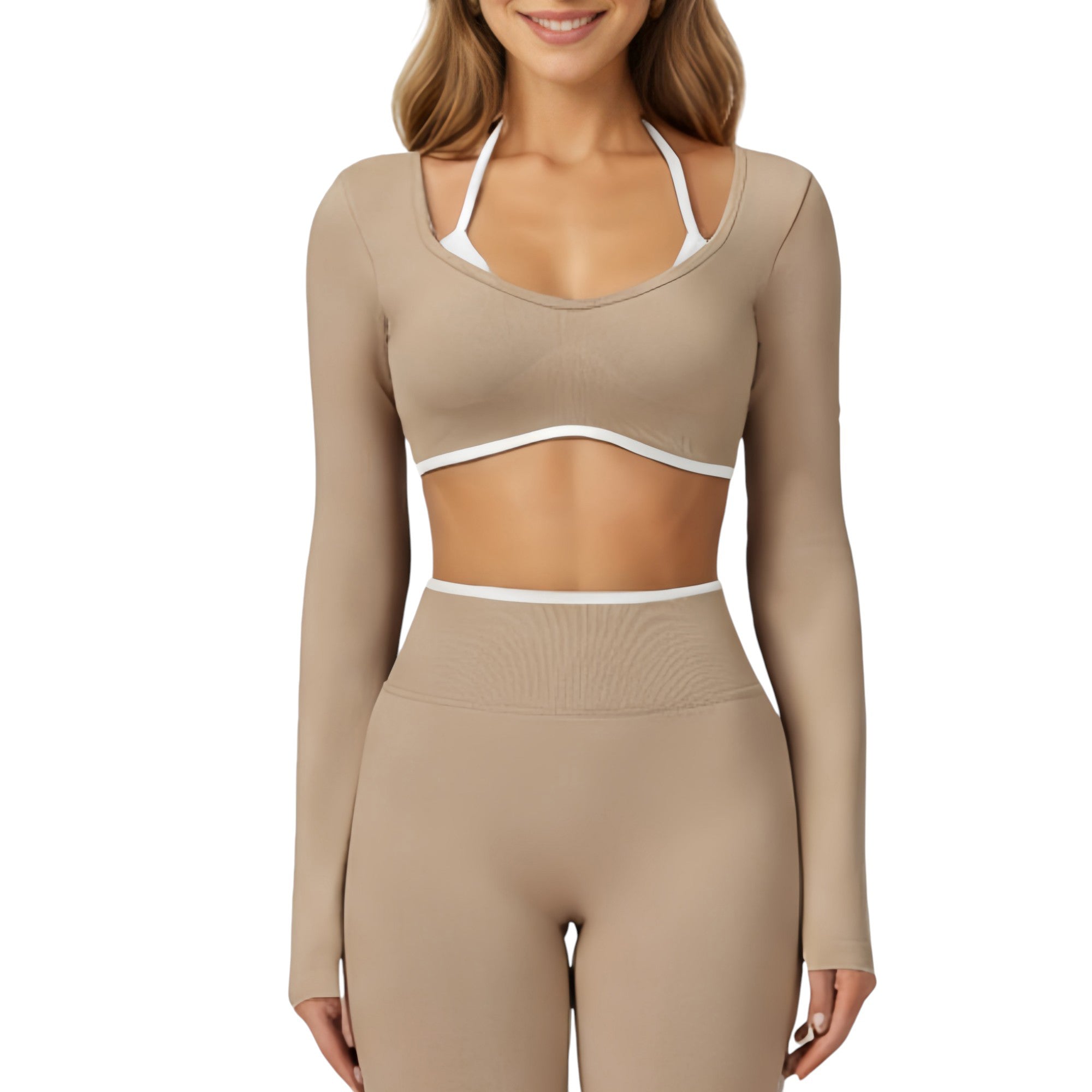 Anna-Kaci Active Women's Long Sleeve Crop Top with Contrast Trim and Scoop Neckline