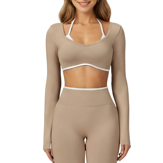 Anna-Kaci Active Women's Long Sleeve Crop Top with Contrast Trim and Scoop Neckline