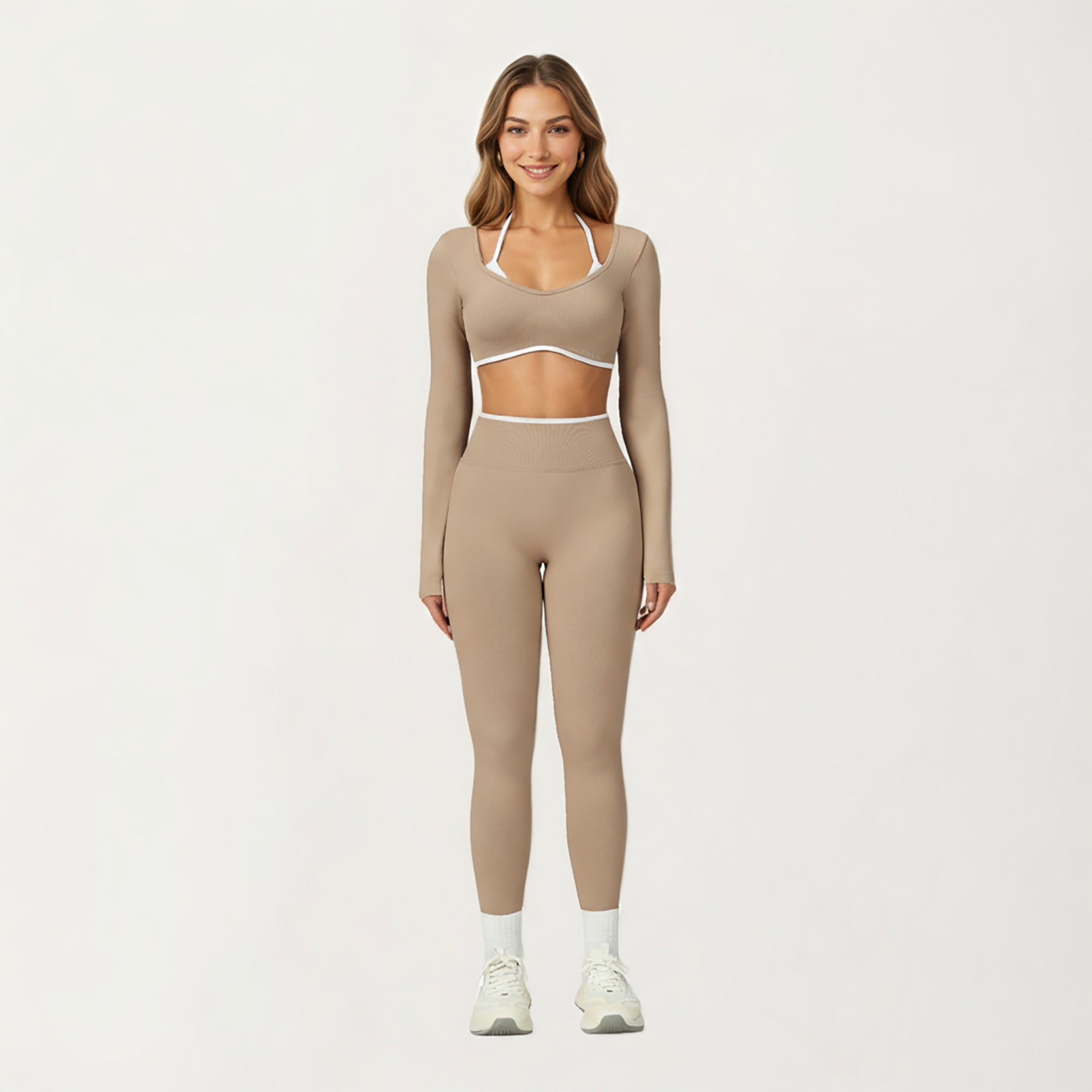 Anna-Kaci Active Women's Long Sleeve Crop Top with Contrast Trim and Scoop Neckline
