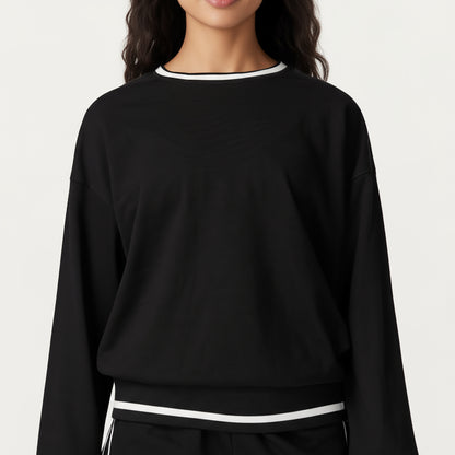 Anna-Kaci Active Women's Long Sleeve Crew Neck Pullover Sweatshirt with Contrast Trim Ribbed Hem and Relaxed Fit