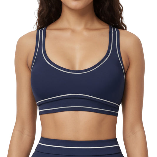 Anna-Kaci Active Women's Sports Bra with Scoop Neck, Wide Straps, and Contrast Stitch Detailing for Medium Support
