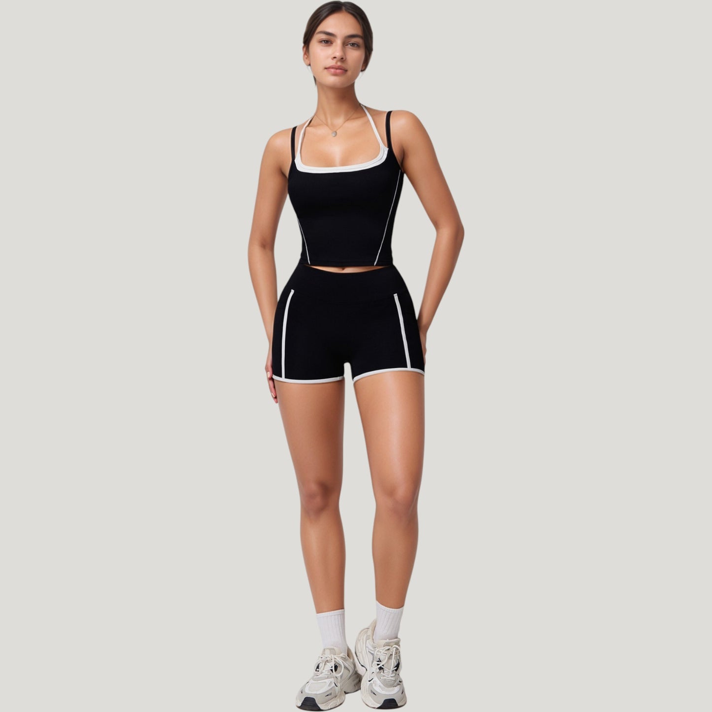 Anna-Kaci Active Women's Double Strap Square Neck Activewear Crop Top with Contrast Trim and Streamlined Athletic Fit