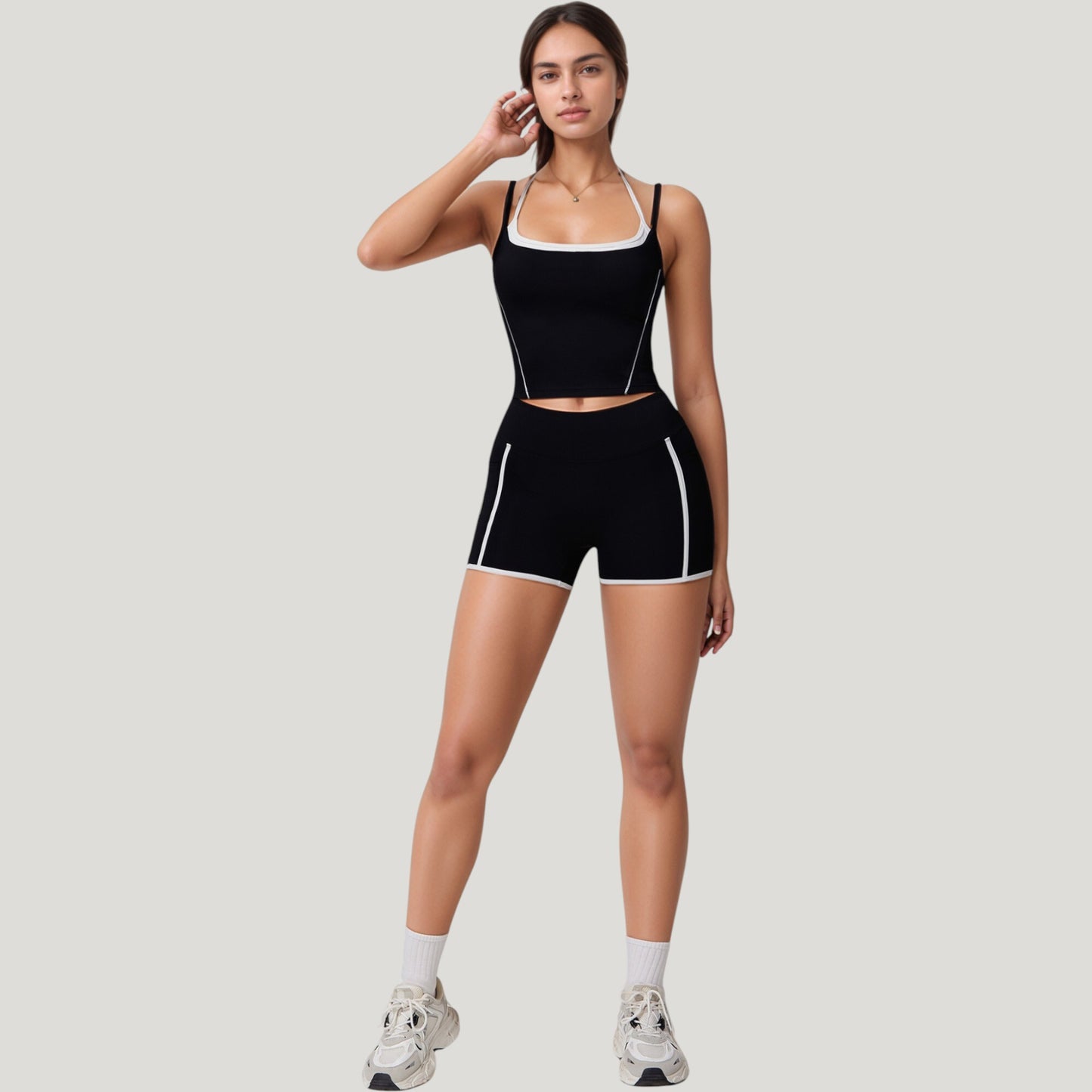 Anna-Kaci Active Women's Double Strap Square Neck Activewear Crop Top with Contrast Trim and Streamlined Athletic Fit