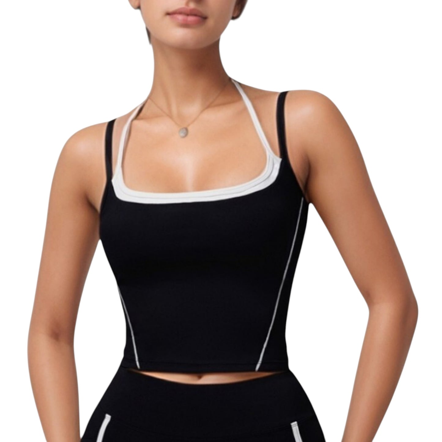 Anna-Kaci Active Women's Double Strap Square Neck Activewear Crop Top with Contrast Trim and Streamlined Athletic Fit
