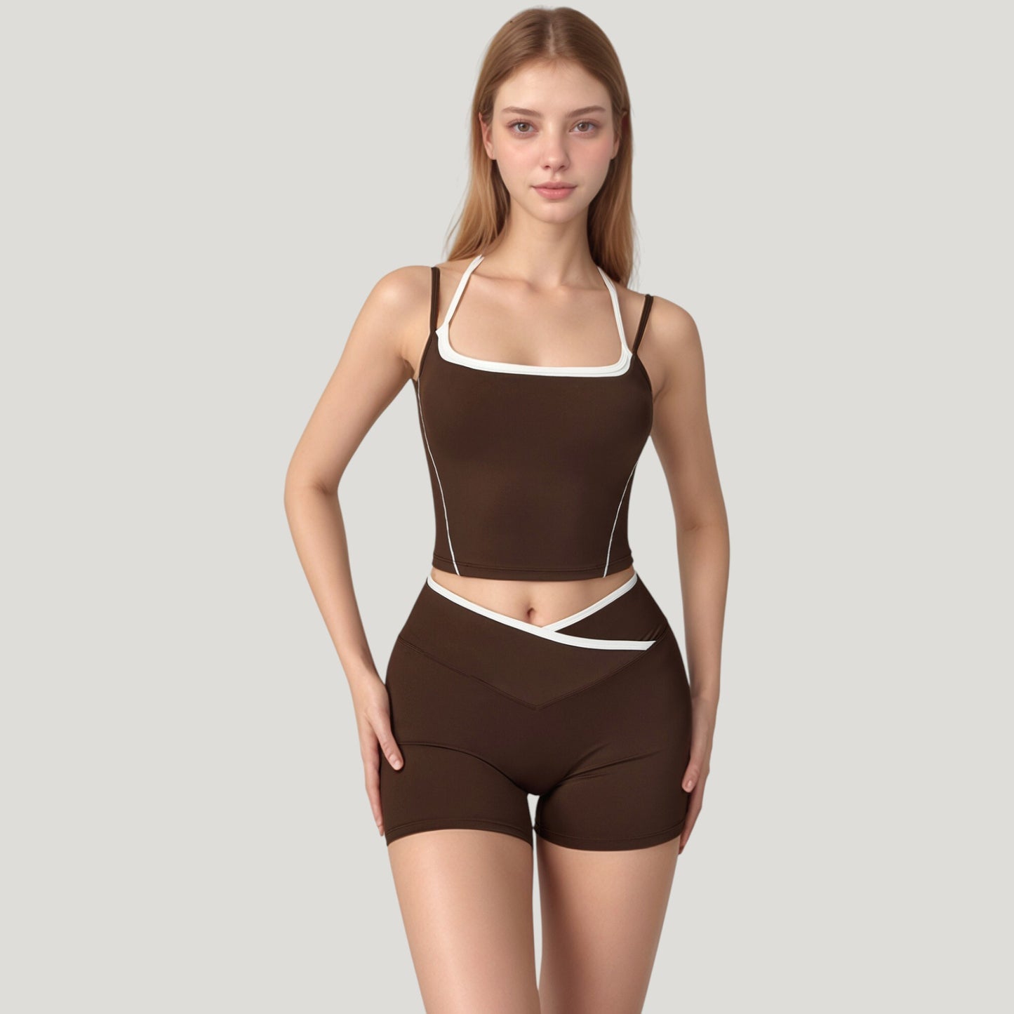 Anna-Kaci Active Women's Double Strap Square Neck Activewear Crop Top with Contrast Trim and Streamlined Athletic Fit