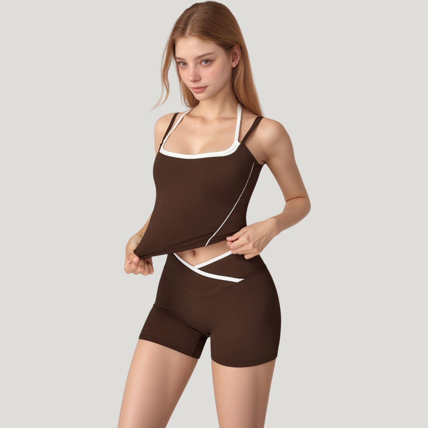 Anna-Kaci Active Women's Double Strap Square Neck Activewear Crop Top with Contrast Trim and Streamlined Athletic Fit
