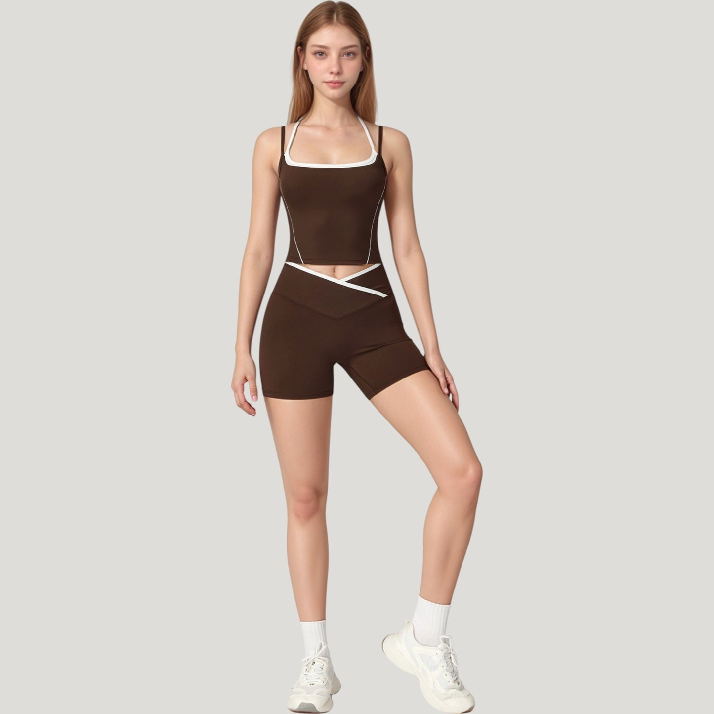 Anna-Kaci Active Women's Double Strap Square Neck Activewear Crop Top with Contrast Trim and Streamlined Athletic Fit