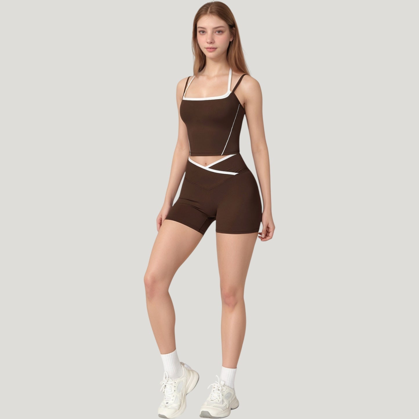 Anna-Kaci Active Women's Double Strap Square Neck Activewear Crop Top with Contrast Trim and Streamlined Athletic Fit