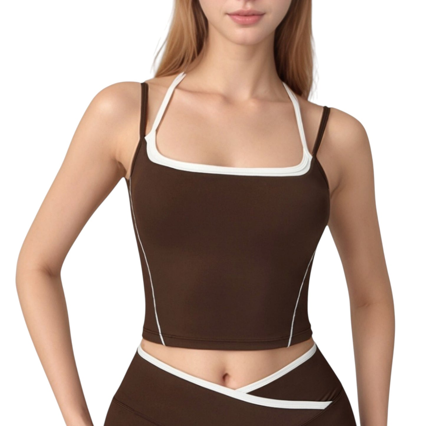 Anna-Kaci Active Women's Double Strap Square Neck Activewear Crop Top with Contrast Trim and Streamlined Athletic Fit