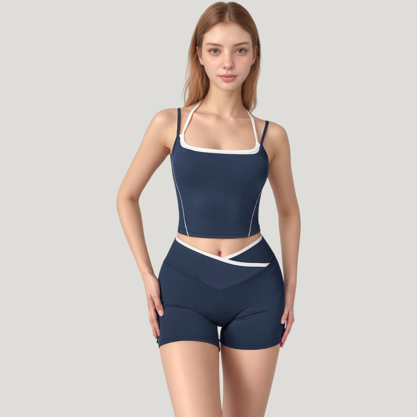 Anna-Kaci Active Women's Double Strap Square Neck Activewear Crop Top with Contrast Trim and Streamlined Athletic Fit