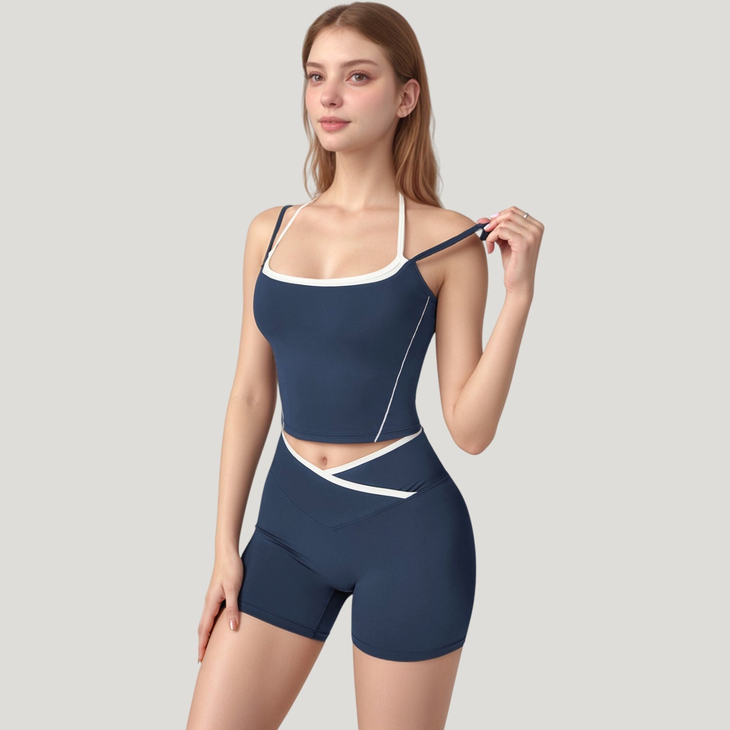 Anna-Kaci Active Women's Double Strap Square Neck Activewear Crop Top with Contrast Trim and Streamlined Athletic Fit