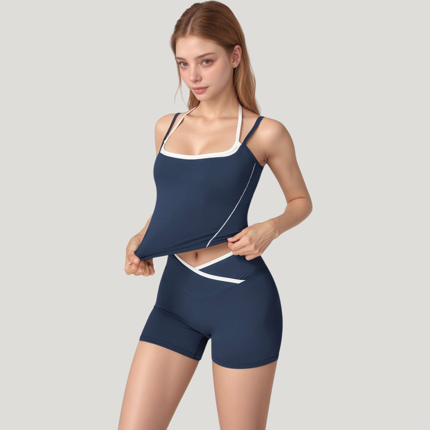 Anna-Kaci Active Women's Double Strap Square Neck Activewear Crop Top with Contrast Trim and Streamlined Athletic Fit