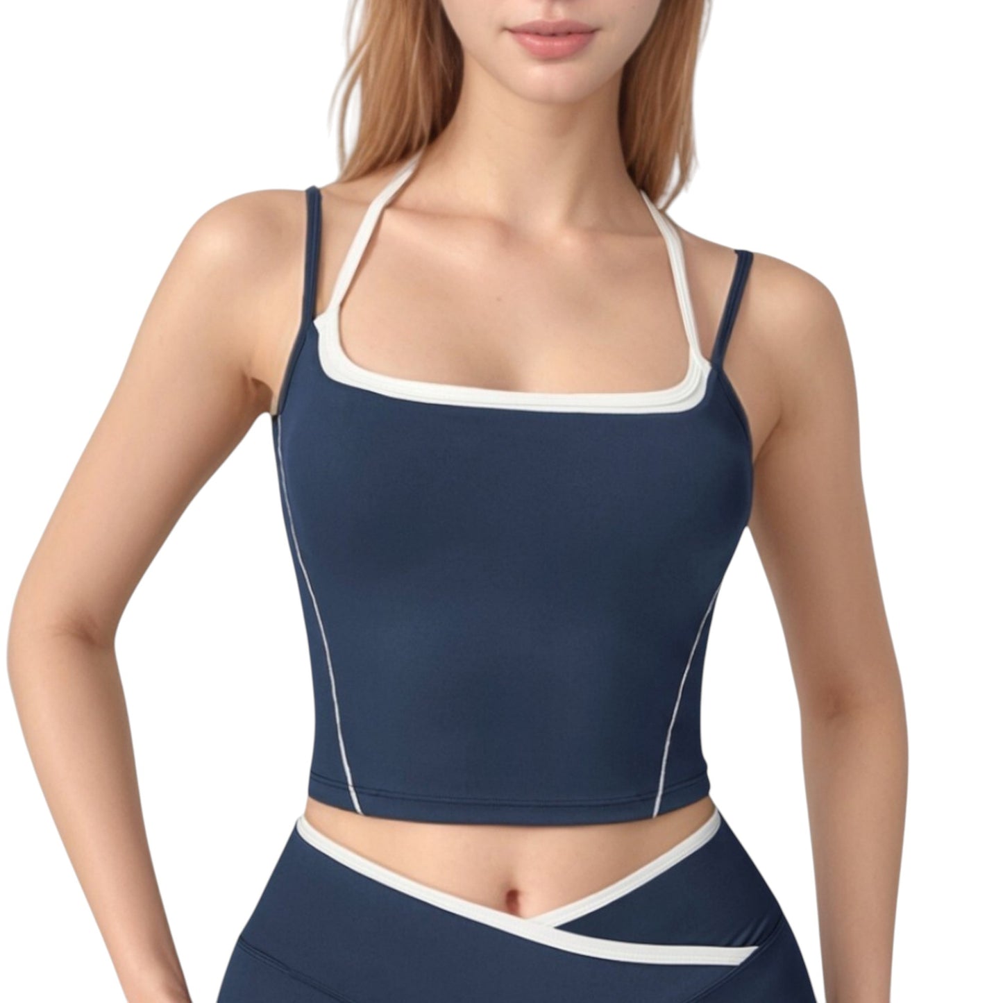 Anna-Kaci Active Women's Double Strap Square Neck Activewear Crop Top with Contrast Trim and Streamlined Athletic Fit