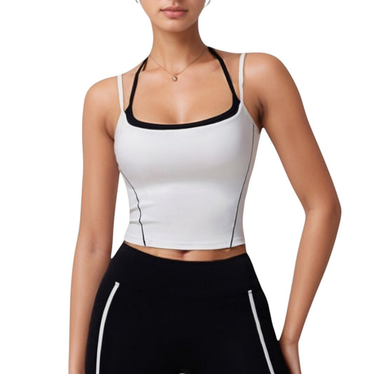 Anna-Kaci Active Women's Double Strap Square Neck Activewear Crop Top with Contrast Trim and Streamlined Athletic Fit