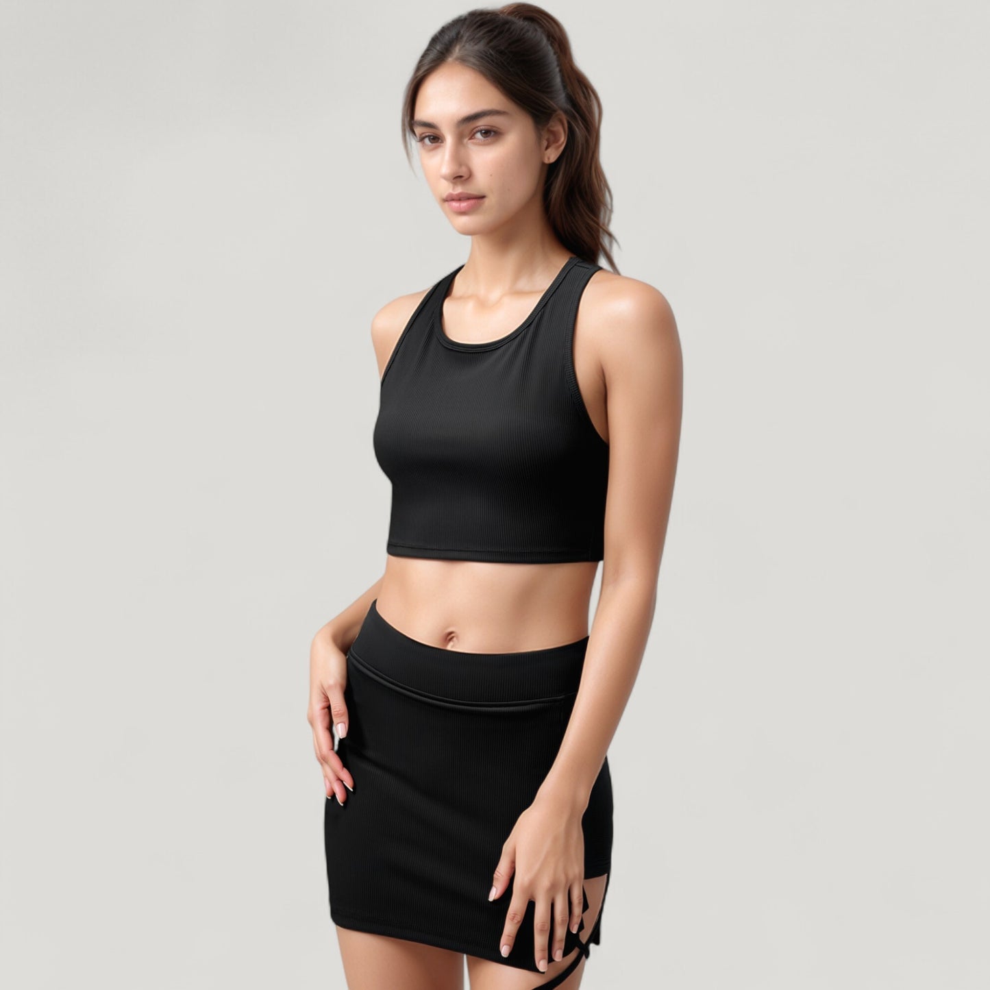 Anna-Kaci Active Women's High Neck Ribbed Sports Bra with Longline Fit and Wide Strap Support for Low to Medium Impact Workouts