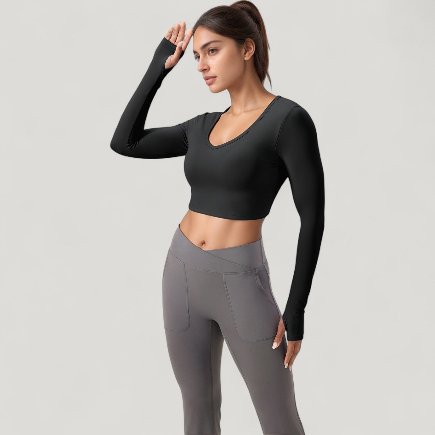 Anna-Kaci Active Women's Long Sleeve V-Neck Cropped Active Top with Thumbhole Cuffs and Stretch Fit for Workouts