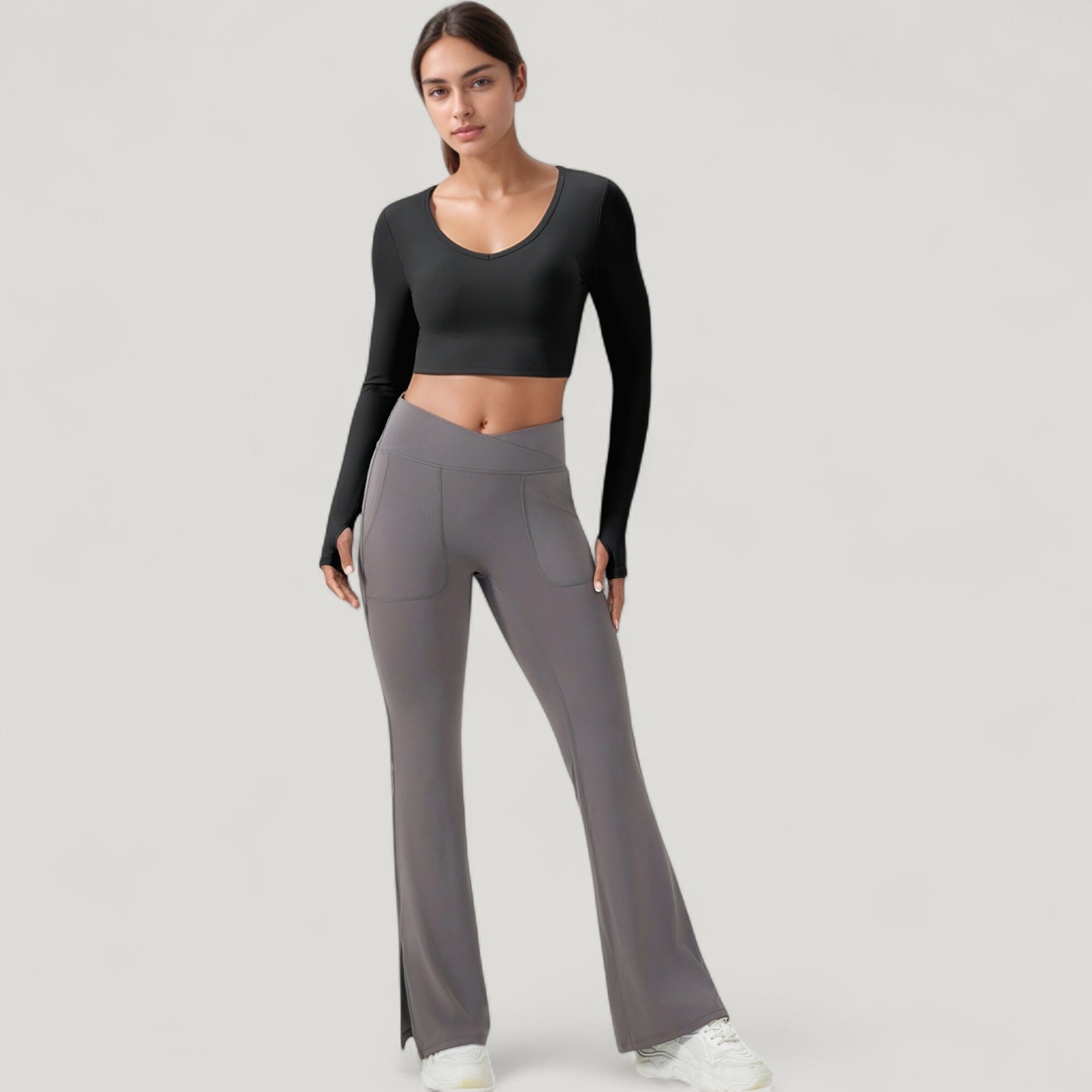 Anna-Kaci Active Women's Long Sleeve V-Neck Cropped Active Top with Thumbhole Cuffs and Stretch Fit for Workouts