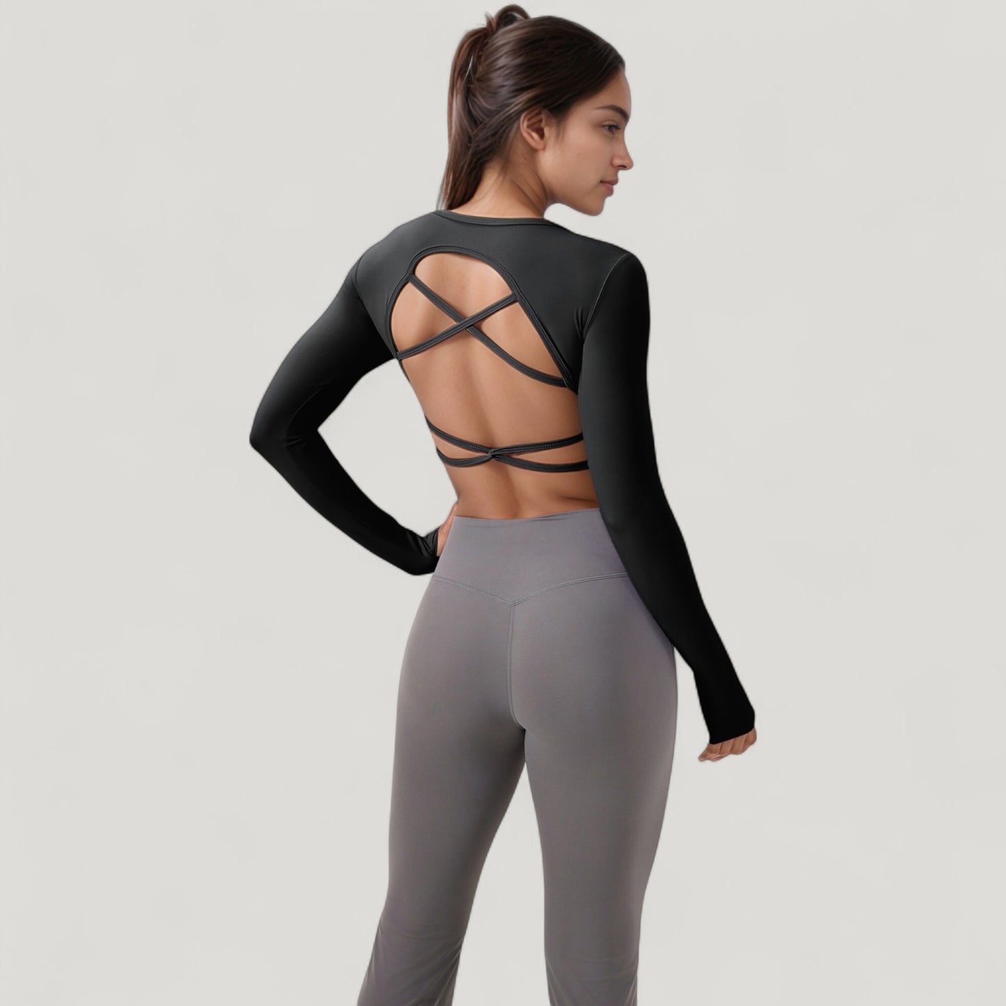 Anna-Kaci Active Women's Long Sleeve V-Neck Cropped Active Top with Thumbhole Cuffs and Stretch Fit for Workouts
