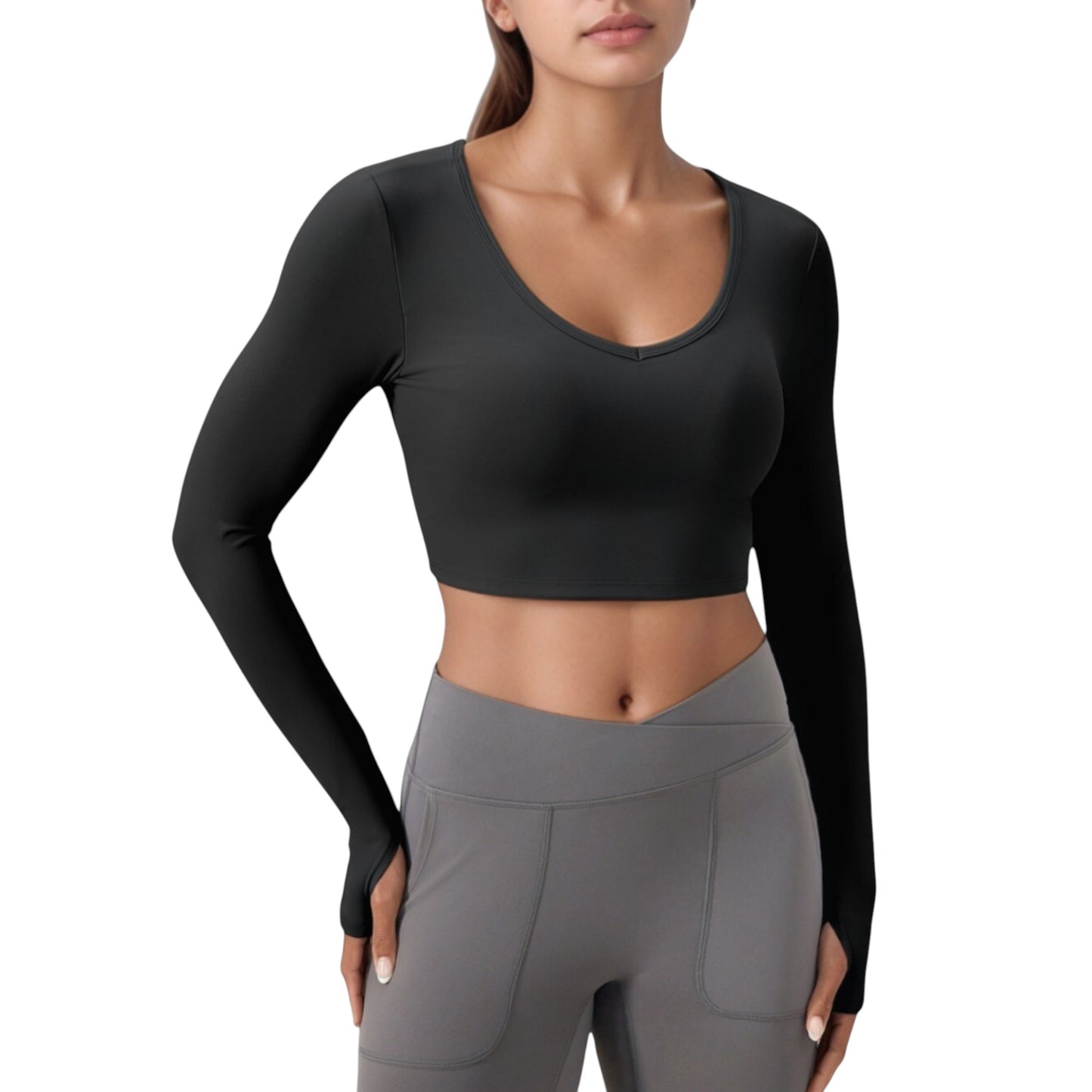 Anna-Kaci Active Women's Long Sleeve V-Neck Cropped Active Top with Thumbhole Cuffs and Stretch Fit for Workouts