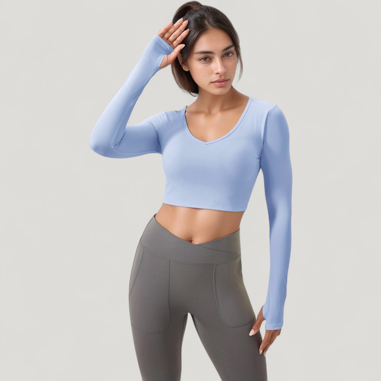 Anna-Kaci Active Women's Long Sleeve V-Neck Cropped Active Top with Thumbhole Cuffs and Stretch Fit for Workouts