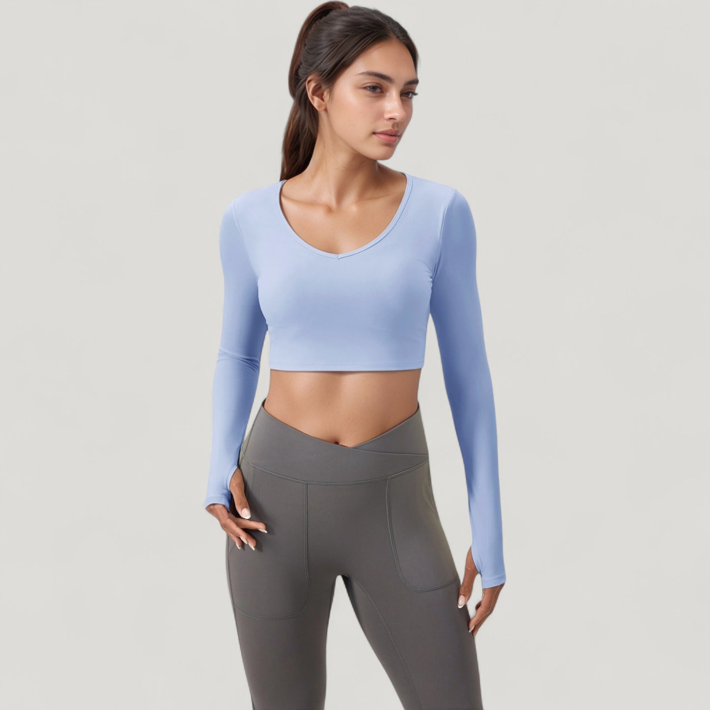Anna-Kaci Active Women's Long Sleeve V-Neck Cropped Active Top with Thumbhole Cuffs and Stretch Fit for Workouts