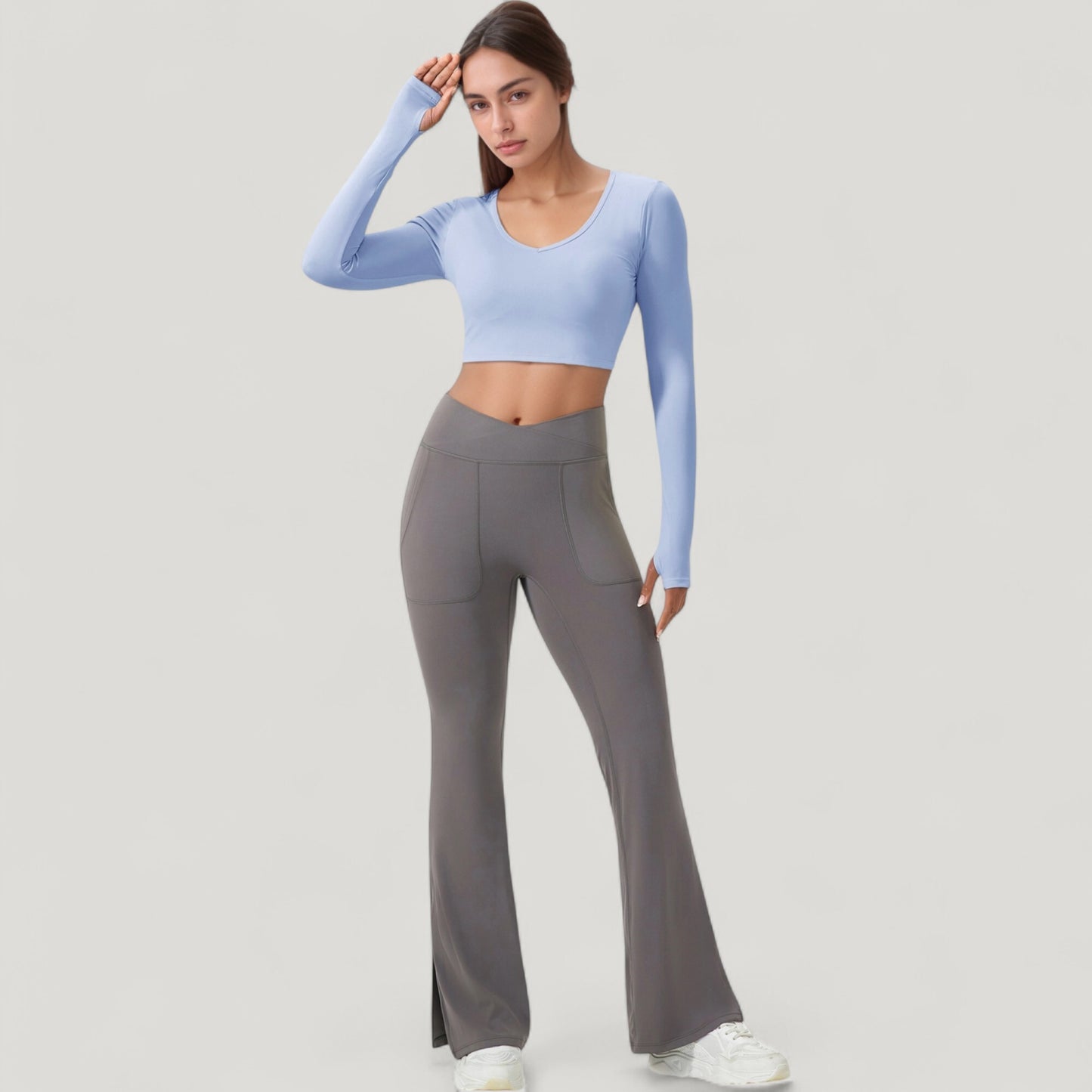Anna-Kaci Active Women's Long Sleeve V-Neck Cropped Active Top with Thumbhole Cuffs and Stretch Fit for Workouts