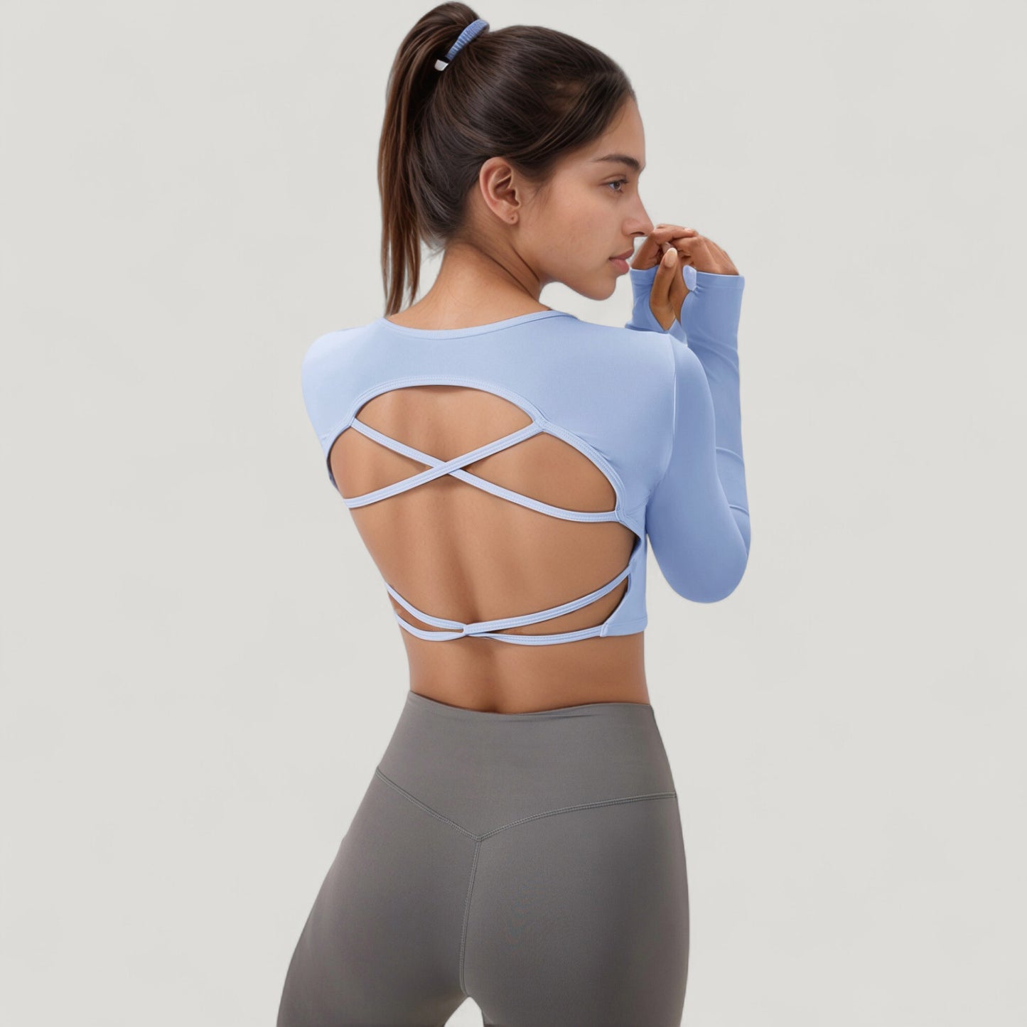 Anna-Kaci Active Women's Long Sleeve V-Neck Cropped Active Top with Thumbhole Cuffs and Stretch Fit for Workouts
