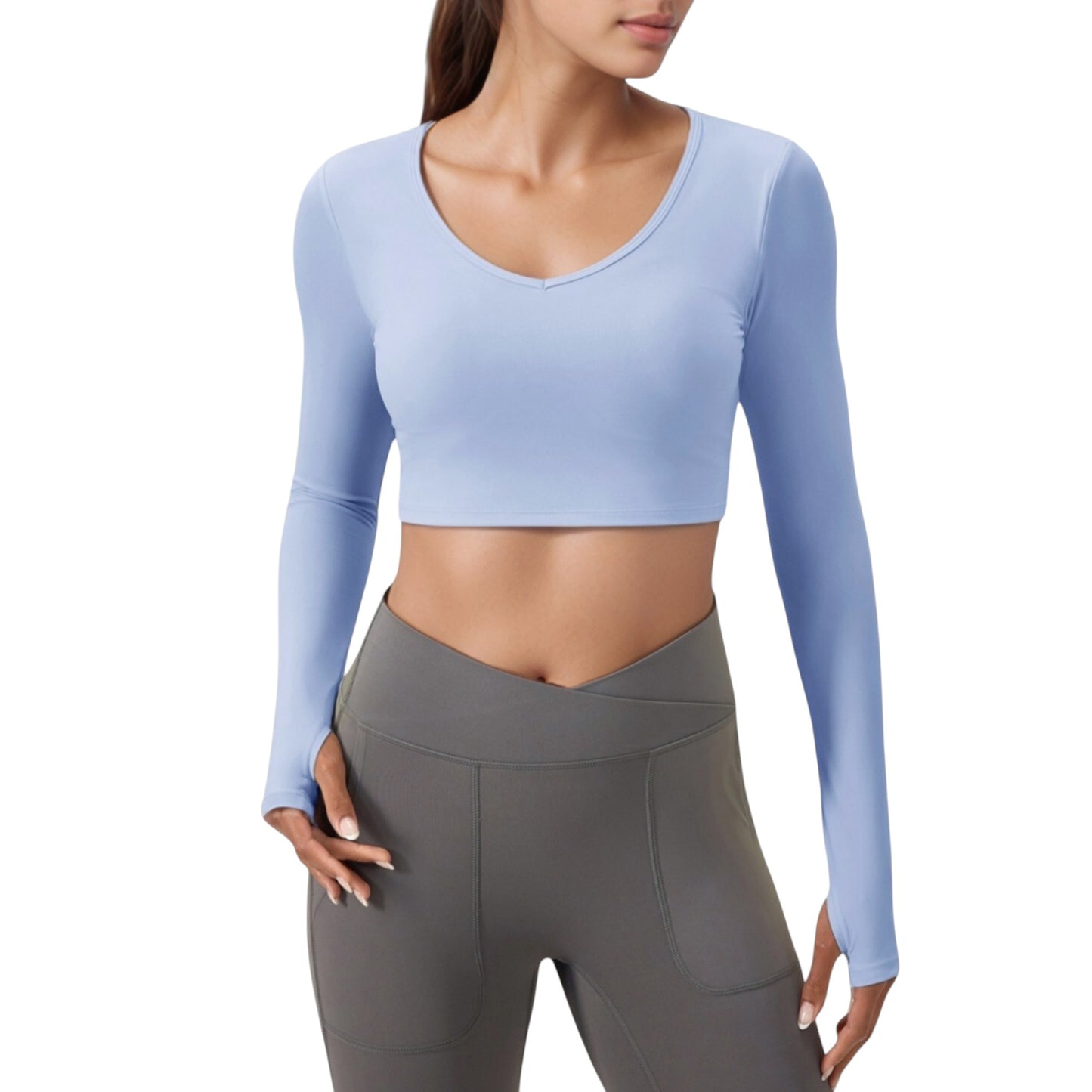 Anna-Kaci Active Women's Long Sleeve V-Neck Cropped Active Top with Thumbhole Cuffs and Stretch Fit for Workouts