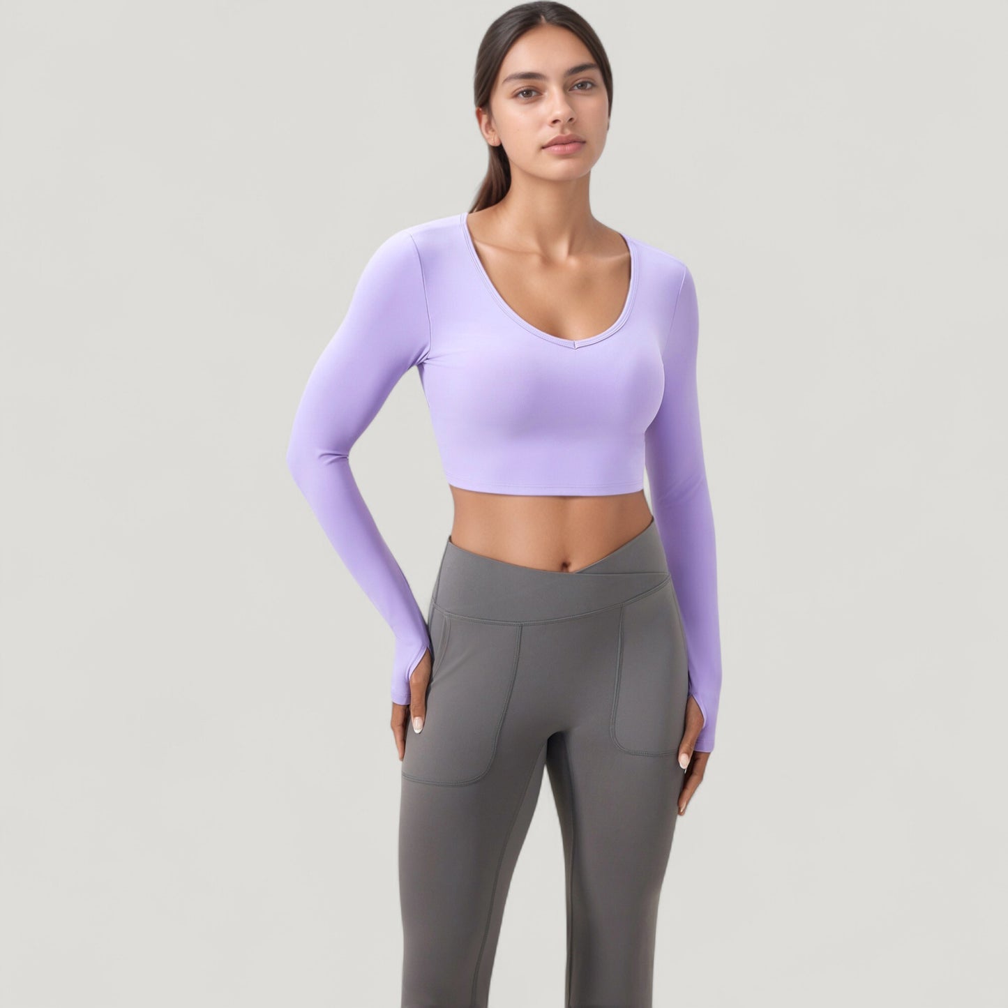 Anna-Kaci Active Women's Long Sleeve V-Neck Cropped Active Top with Thumbhole Cuffs and Stretch Fit for Workouts