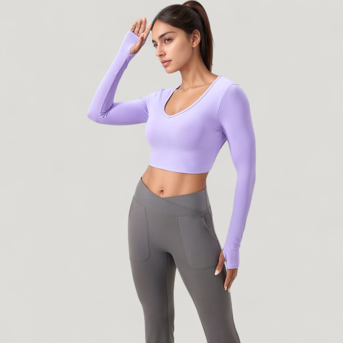 Anna-Kaci Active Women's Long Sleeve V-Neck Cropped Active Top with Thumbhole Cuffs and Stretch Fit for Workouts