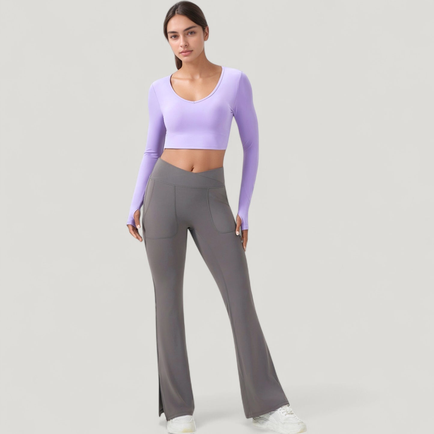 Anna-Kaci Active Women's Long Sleeve V-Neck Cropped Active Top with Thumbhole Cuffs and Stretch Fit for Workouts