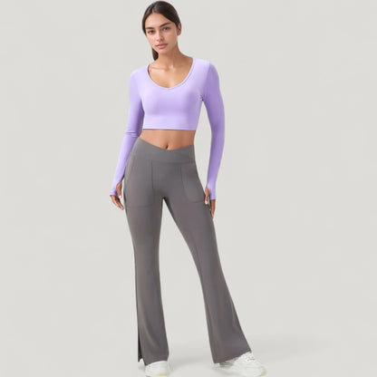 Anna-Kaci Active Women's Long Sleeve V-Neck Cropped Active Top with Thumbhole Cuffs and Stretch Fit for Workouts