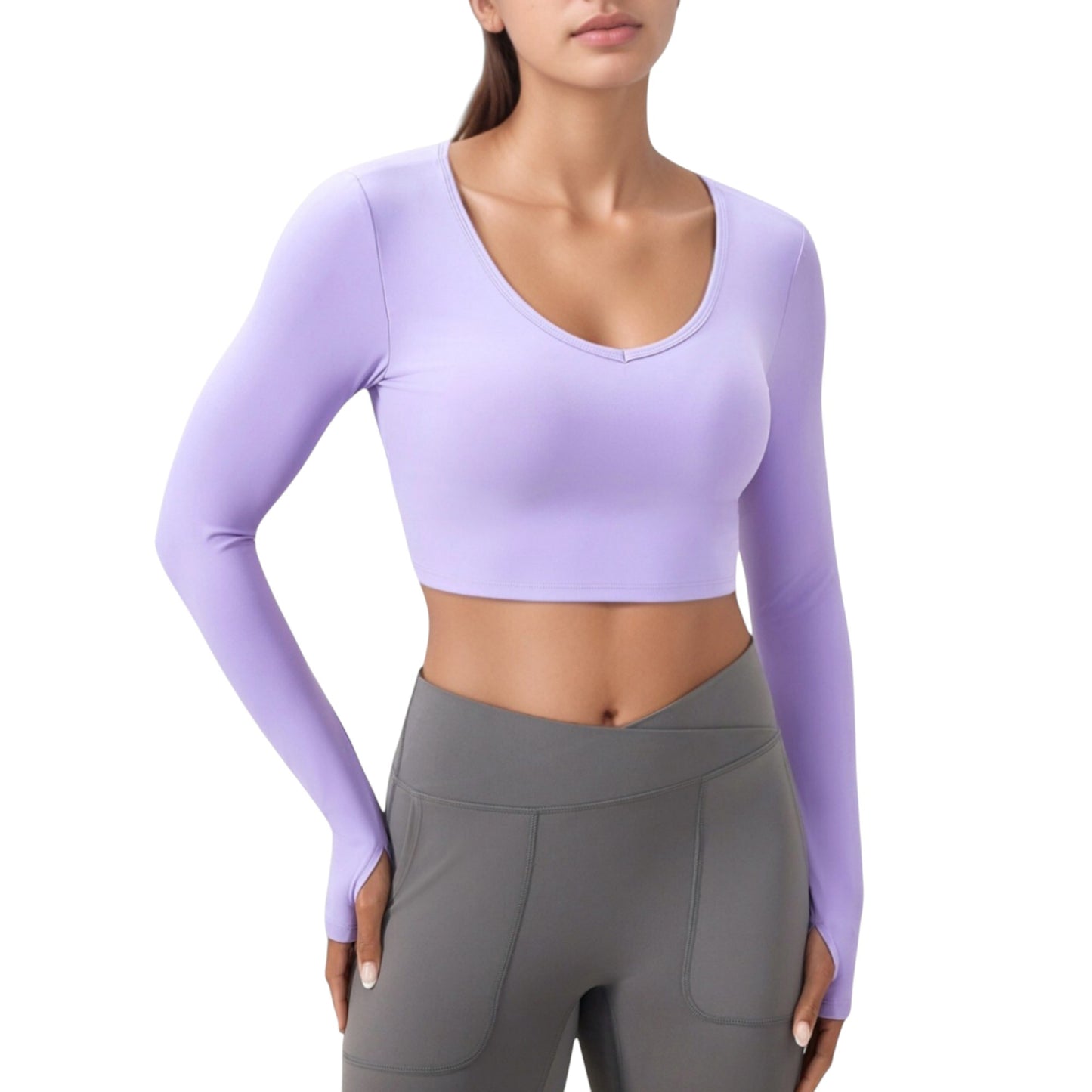 Anna-Kaci Active Women's Long Sleeve V-Neck Cropped Active Top with Thumbhole Cuffs and Stretch Fit for Workouts