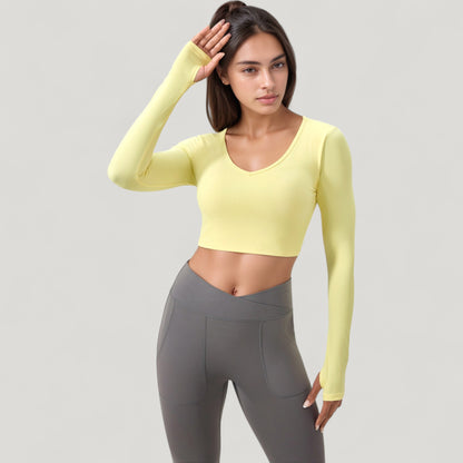 Anna-Kaci Active Women's Long Sleeve V-Neck Cropped Active Top with Thumbhole Cuffs and Stretch Fit for Workouts