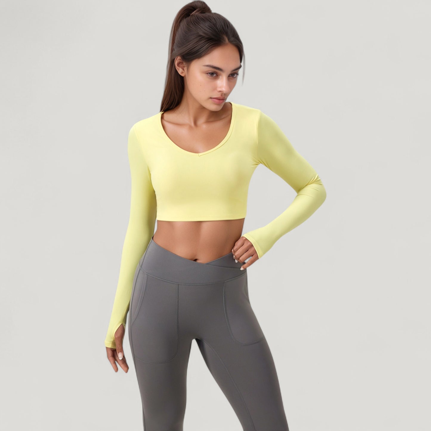 Anna-Kaci Active Women's Long Sleeve V-Neck Cropped Active Top with Thumbhole Cuffs and Stretch Fit for Workouts