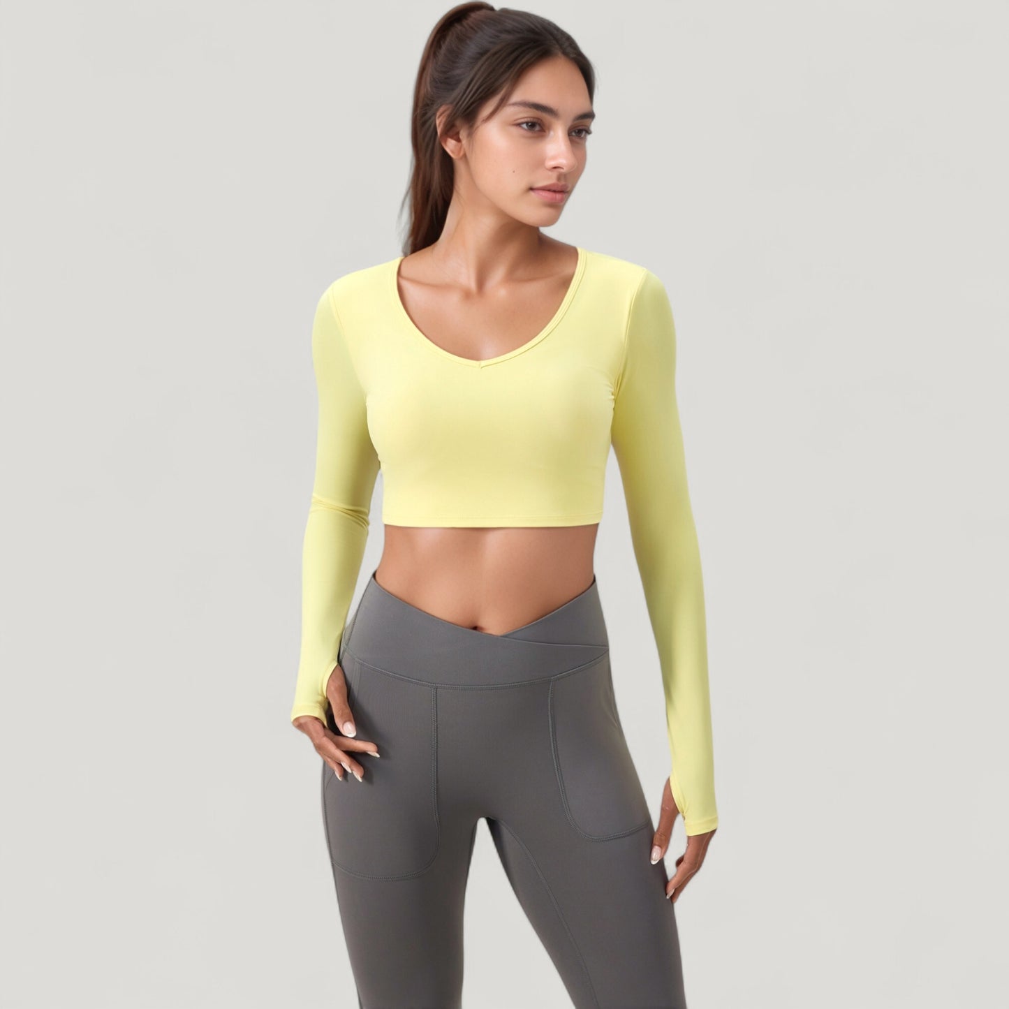 Anna-Kaci Active Women's Long Sleeve V-Neck Cropped Active Top with Thumbhole Cuffs and Stretch Fit for Workouts