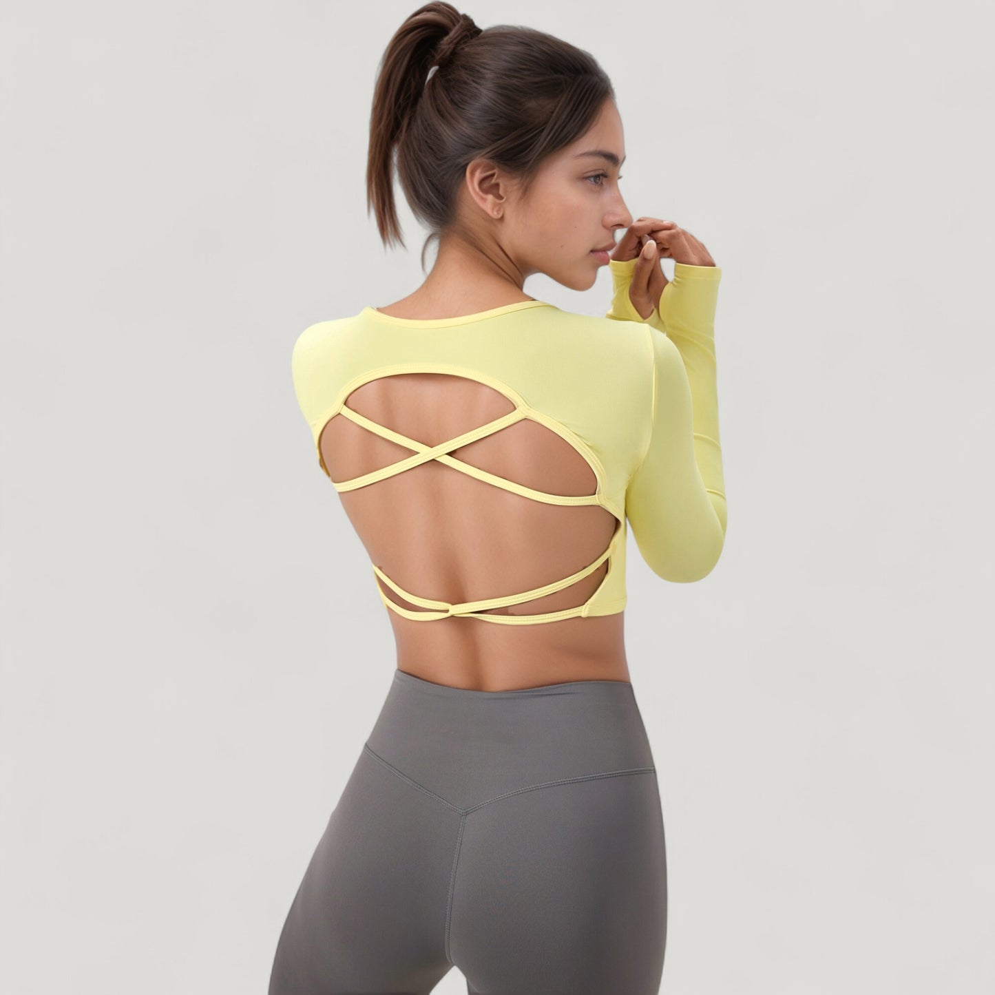 Anna-Kaci Active Women's Long Sleeve V-Neck Cropped Active Top with Thumbhole Cuffs and Stretch Fit for Workouts