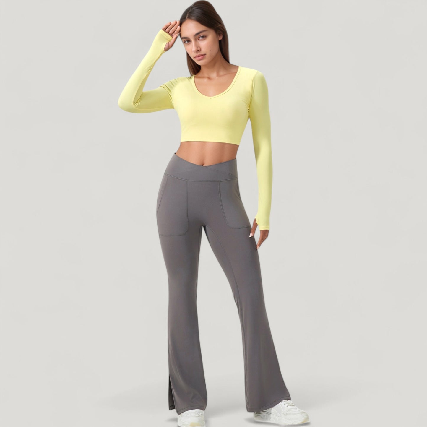 Anna-Kaci Active Women's Long Sleeve V-Neck Cropped Active Top with Thumbhole Cuffs and Stretch Fit for Workouts