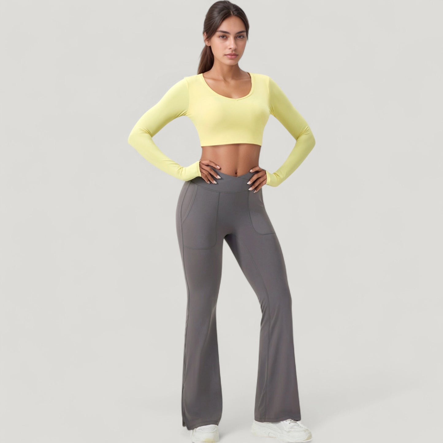 Anna-Kaci Active Women's Long Sleeve V-Neck Cropped Active Top with Thumbhole Cuffs and Stretch Fit for Workouts