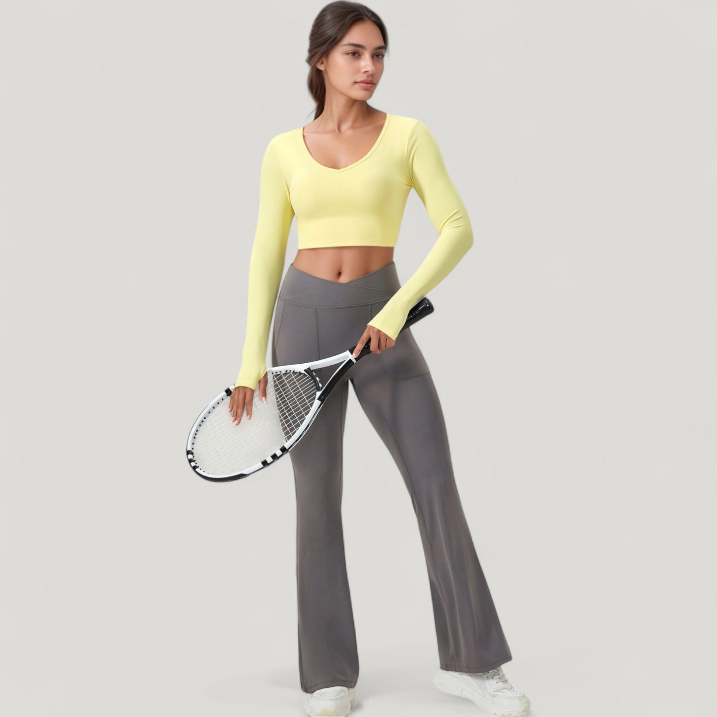 Anna-Kaci Active Women's Long Sleeve V-Neck Cropped Active Top with Thumbhole Cuffs and Stretch Fit for Workouts