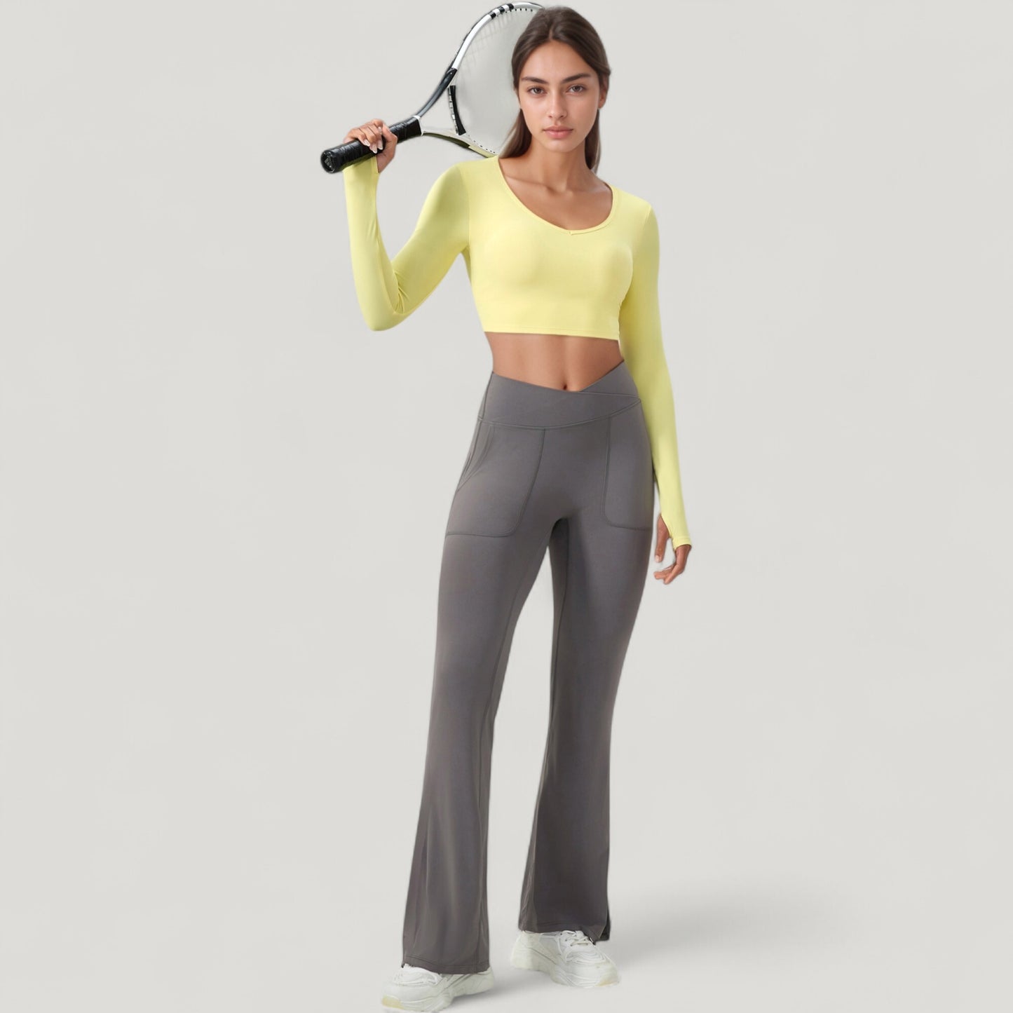 Anna-Kaci Active Women's Long Sleeve V-Neck Cropped Active Top with Thumbhole Cuffs and Stretch Fit for Workouts
