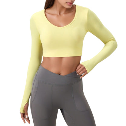 Anna-Kaci Active Women's Long Sleeve V-Neck Cropped Active Top with Thumbhole Cuffs and Stretch Fit for Workouts