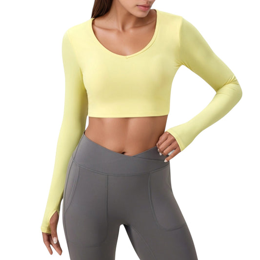 Anna-Kaci Active Women's Long Sleeve V-Neck Cropped Active Top with Thumbhole Cuffs and Stretch Fit for Workouts