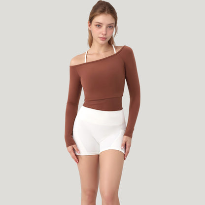 Anna-Kaci Active Women's Off Shoulder Long Sleeve Activewear Crop Top with Streamlined Fit and Lightweight Stretch Fabric