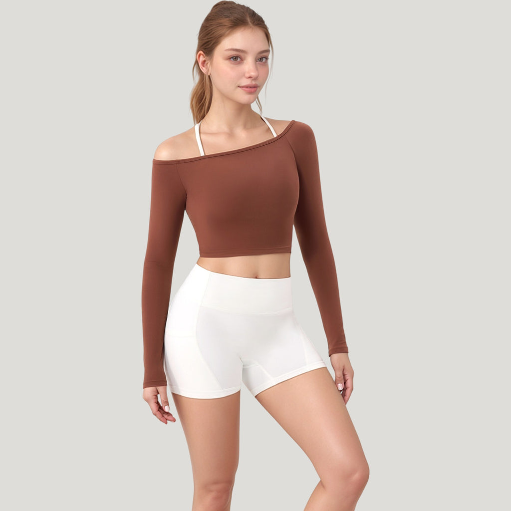 Anna-Kaci Active Women's Off Shoulder Long Sleeve Activewear Crop Top with Streamlined Fit and Lightweight Stretch Fabric